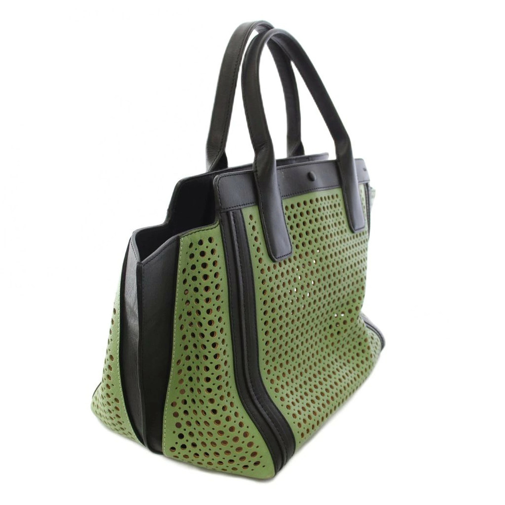 Chloe Allison Perforated Leather Tote Bag Handbag Green Black - Picture 2 of 2